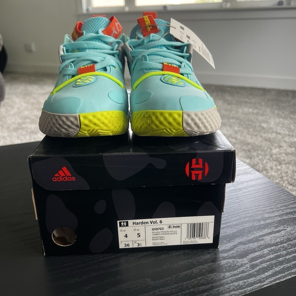 Adidas Harden Vol. 6 Pulse Aqua Solar Orange Yellow Mens Size 4 Womens 5 New